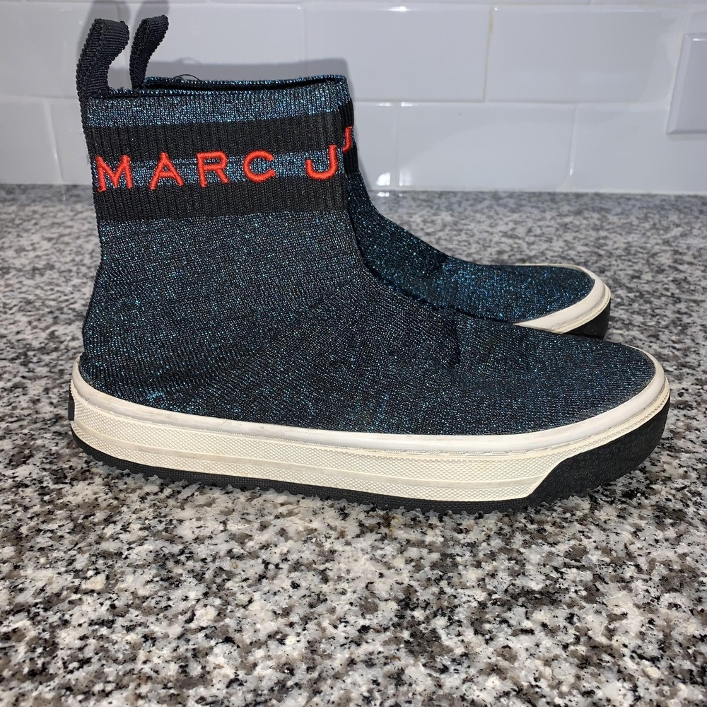 Marc Jacobs Sock Sneakers Womens 6 Blue Knit High Top Pull On Logo EU 36 Glitter
